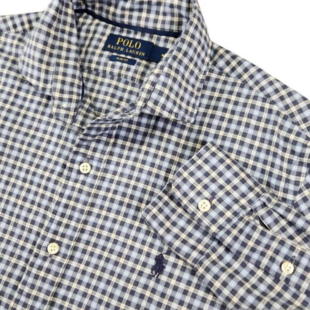 Polo Ralph Lauren M Mens Slim Fit Plaid Button Long‎ Sleeve Shirt Blue